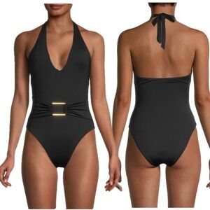 BCBGMAXAZRIA Black Women's Standard Deep Plunge Halter One Piece Swimsuit 16 NWT